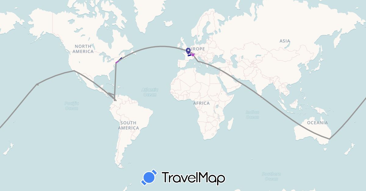 TravelMap itinerary: driving, bus, plane, train in United Arab Emirates, Australia, Switzerland, Colombia, France, Italy, Oman, United States (Asia, Europe, North America, Oceania, South America)